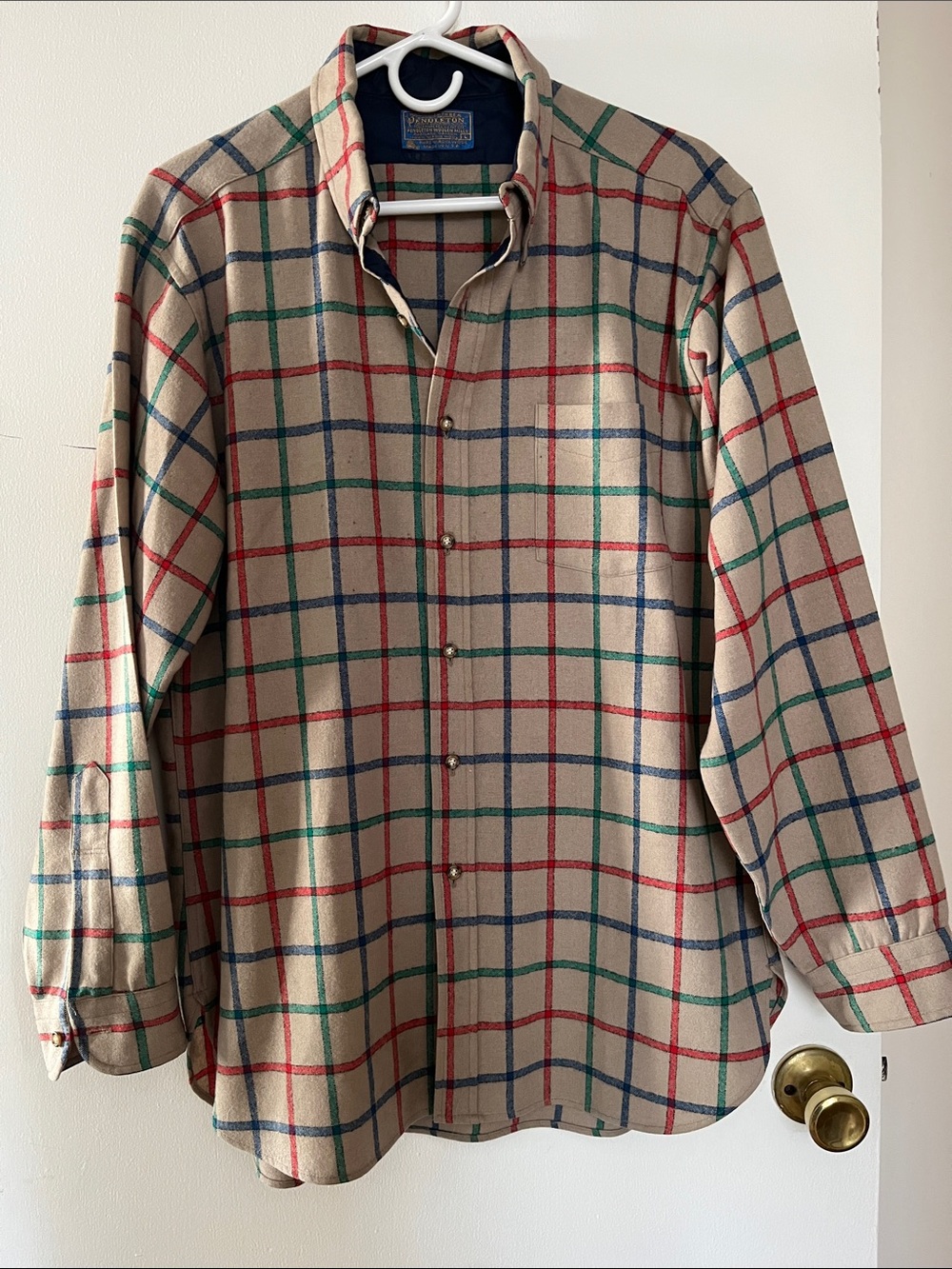 Pendleton Beige Plaid Button-Down Shirt with Red, Green & Blue Windowpane